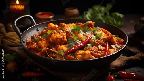 Homemade curry in plate on wooden table background. Created with Generative AI