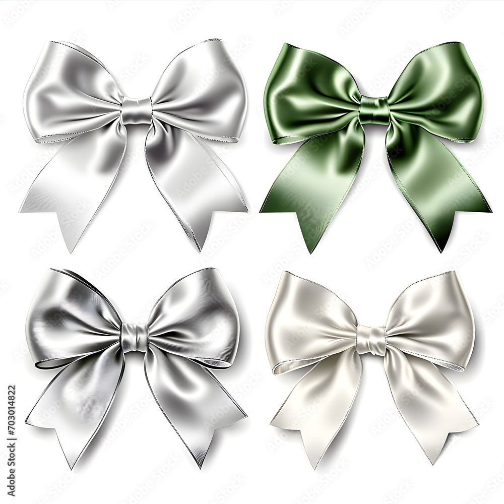 Realistic shiny silver bow and satin ribbon isolated on transparent background, perfect for invitations, banners, gift cards, brochures or postcards.