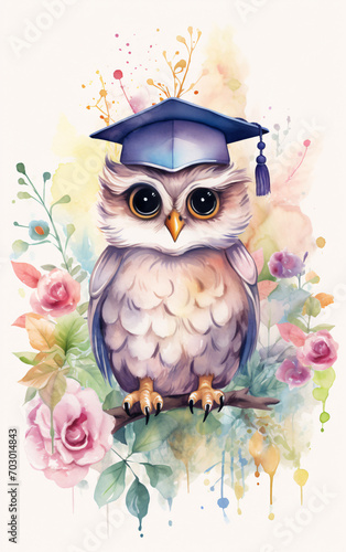 Enchanting watercolor illustration of a cute smart owl surrounded by colorful summer flowers photo