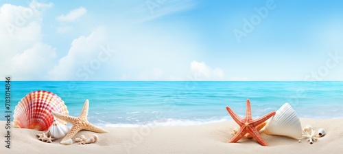 Soothing oceanic backdrop with seashells scattered on golden sand and generous text placement area