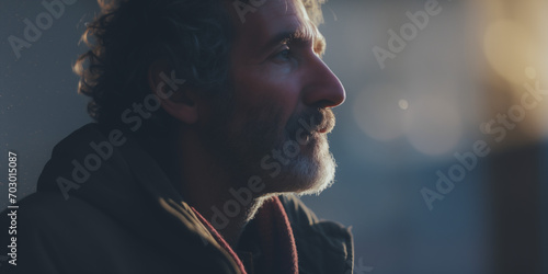 Man with curly hair and beard in profile, looking hopeful in the soft evening light photo