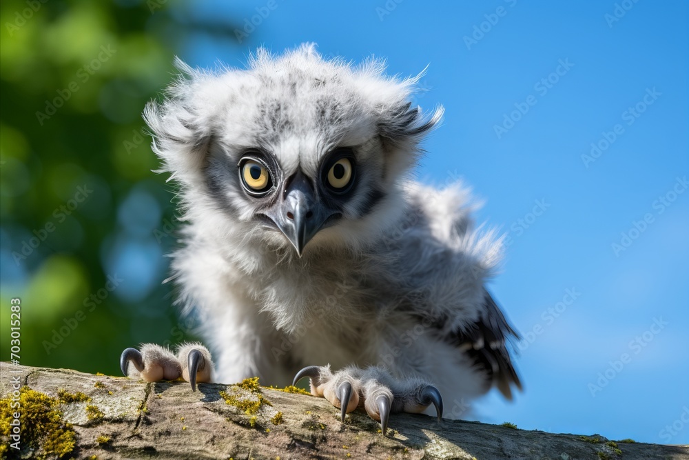 Naklejka premium Close-up image of an adorable baby owl perched on a pine branch in the enchanting and serene forest