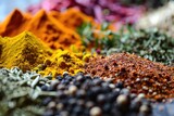 Close up of colorful spices and herbs assortment.