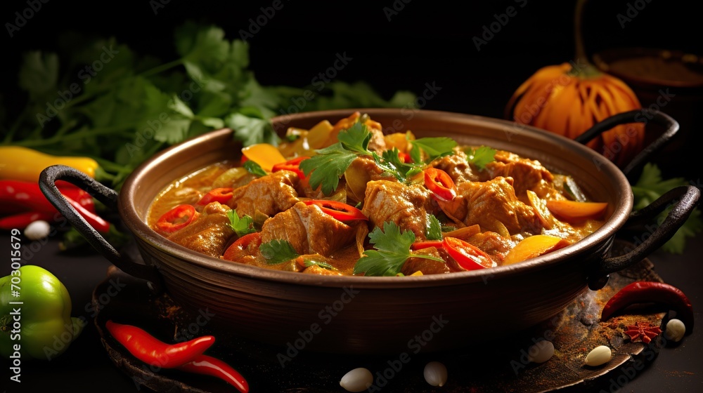 Homemade curry in plate on wooden table background. Created with Generative AI Homemade curry in plate on wooden table background. Created with Generative AI