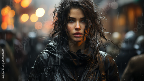 une femme sous une pluie battante, continue ça marche sans peur.