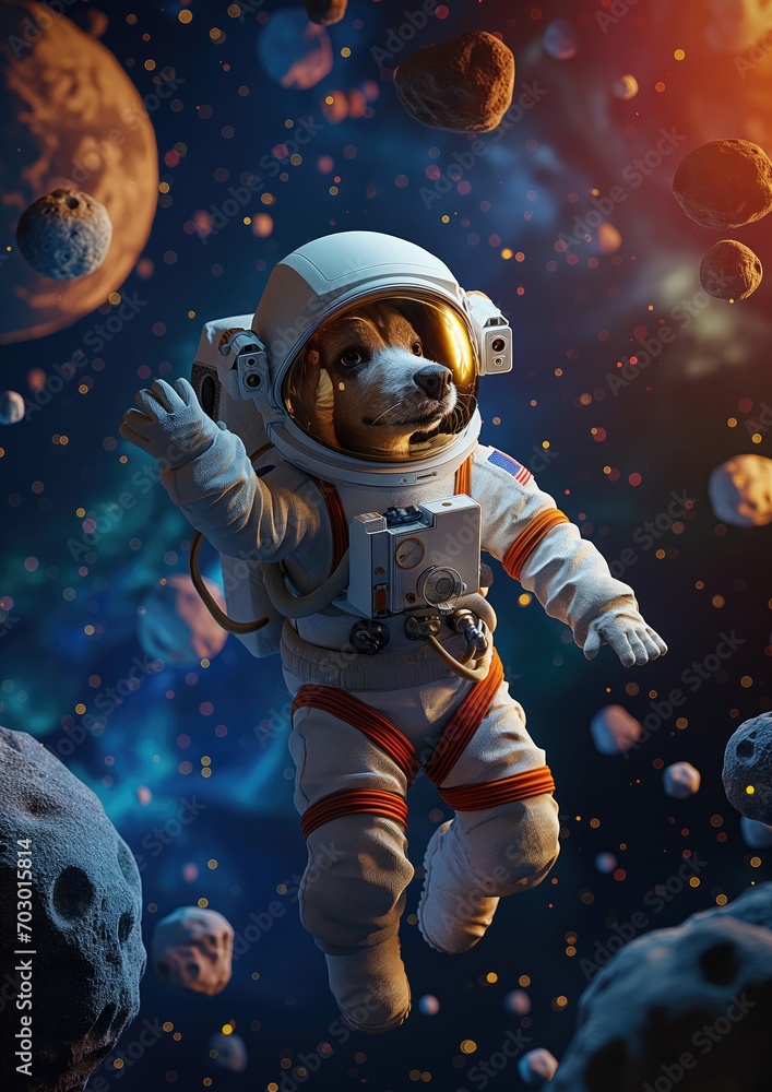 An adventurous 3D avatar of a dog dressed as an astronaut, floating in space with a backdrop of star An adventurous 3D avatar of a dog dressed as an astronaut, floating in space with a backdrop of star