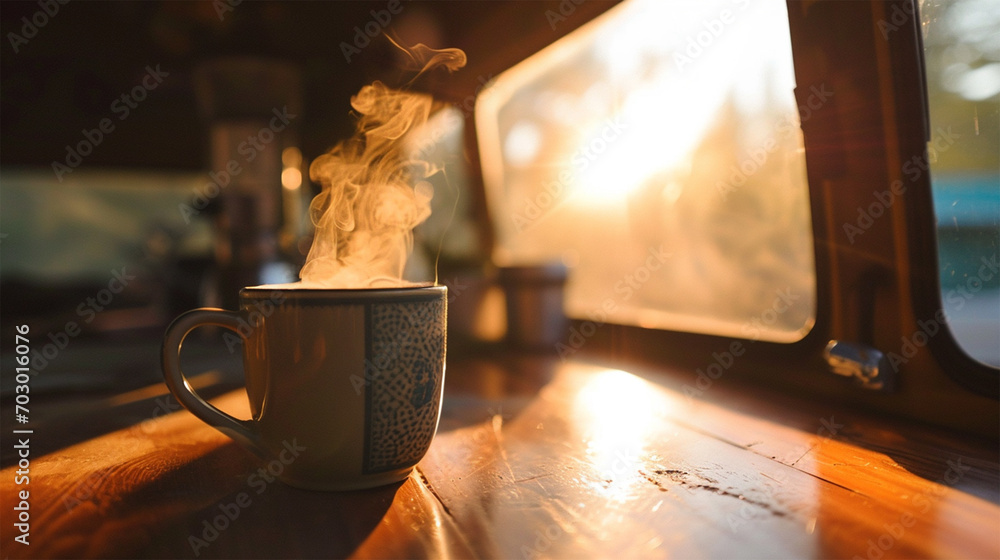 Cup of hot coffee with steam on a wooden table in the interior of a ...