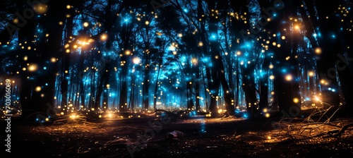 Enchanted forest clearing with fireflies, fairies, and woodland creatures celebrating