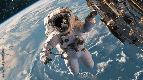 Fototapeta Naklejka Na Ścianę i Meble -  Space engineer conducts high-stakes spaceship maintenance against planet