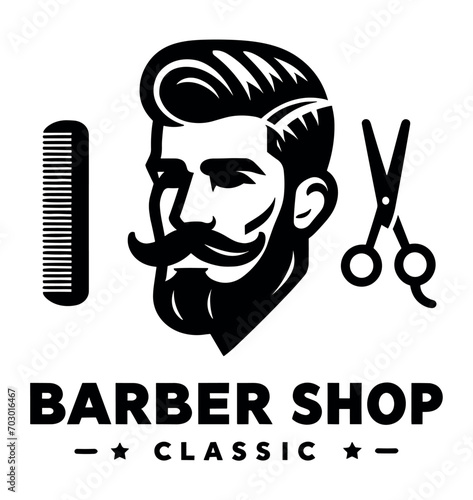 Vintage man face vector silhouette old barber shop logo template with bearded gentleman head with mustache and stylish hair