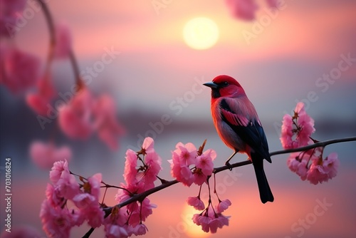 Exotic Bird Resting on Blossoming Apple Tree Branch in Serene Spring Garden