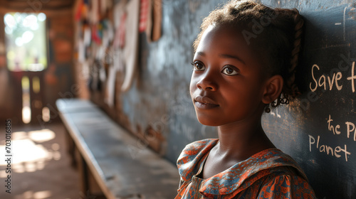 Bambina di origini africane in una scuola con la scritta Save the Planet sulla lavagna. photo