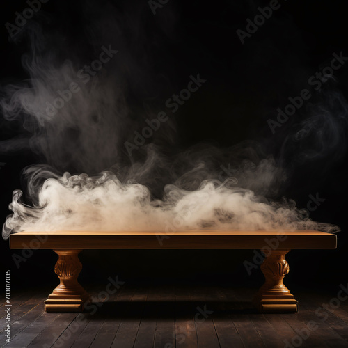 Mystical Display Black Background with an Empty Wooden Table and Rising Smoke, Ideal for Product Showcases
