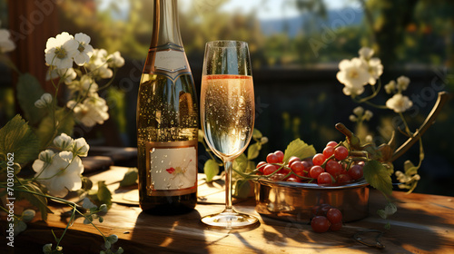 Champagne Bottle and Glass Set Against the Picturesque Backdrop of a Vineyard  Inviting a Toast to the Bounty of Grapes and the Beauty of the Winemaking Landscape