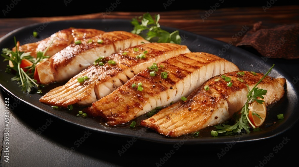 a close up of a plate of fish with garnishes and garnishes on a table. a close up of a plate of fish with garnishes and garnishes on a table.