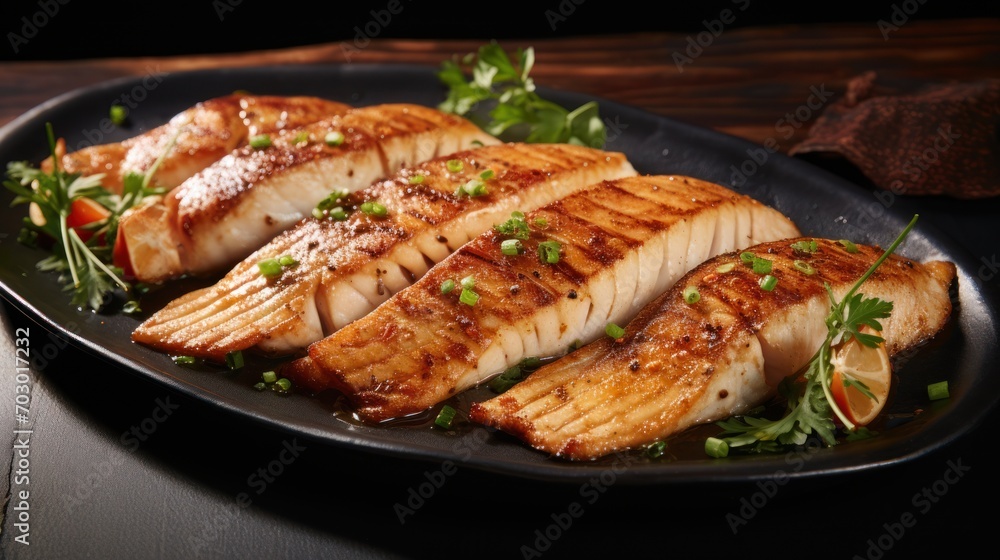  a close up of a plate of fish with garnishes and garnishes on a table.