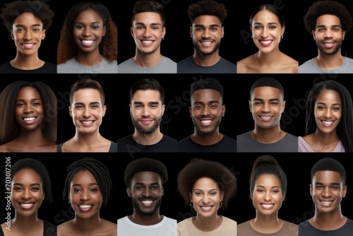 Collage With Smiling African American People Faces Over Black Backgrounds, Set Of Happy Young African American Men And Women Portraits In A Row