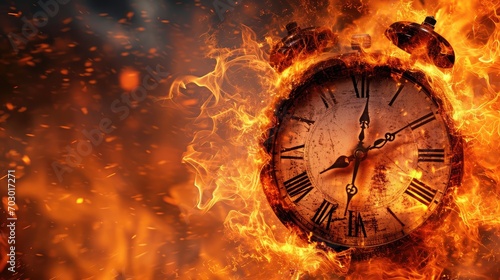 Close up of a clock Burning isolated on red background. clock on fire, Time concept. time is running out. 
