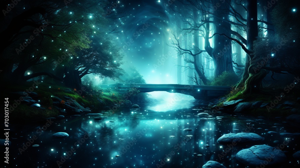 Obraz premium Enchanted forest clearing with fireflies, fairies, and woodland creatures in midnight celebration
