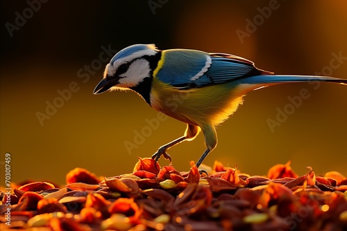 Charming Winter Scene. Blue Tit Bird Feeding on Delicious Seeds in Stunning Close-Up photo
