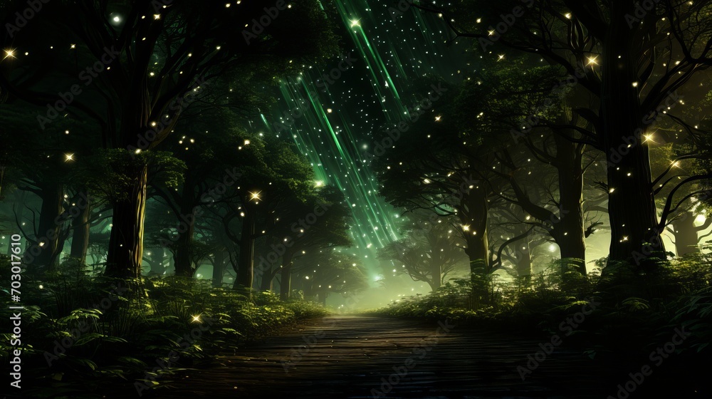 Obraz premium Enchanted forest clearing at midnight with fireflies and fairies celebrating under shimmering aura