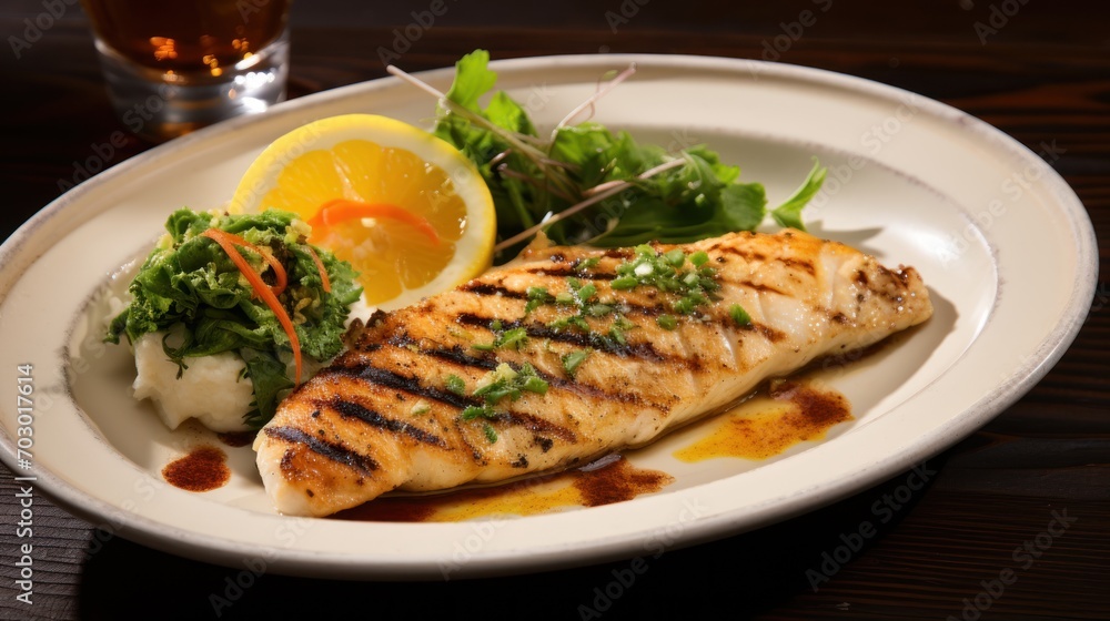 a white plate topped with a piece of fish next to a salad and a glass of orange juice on top of a wooden table. a white plate topped with a piece of fish next to a salad and a glass of orange juice on top of a wooden table.