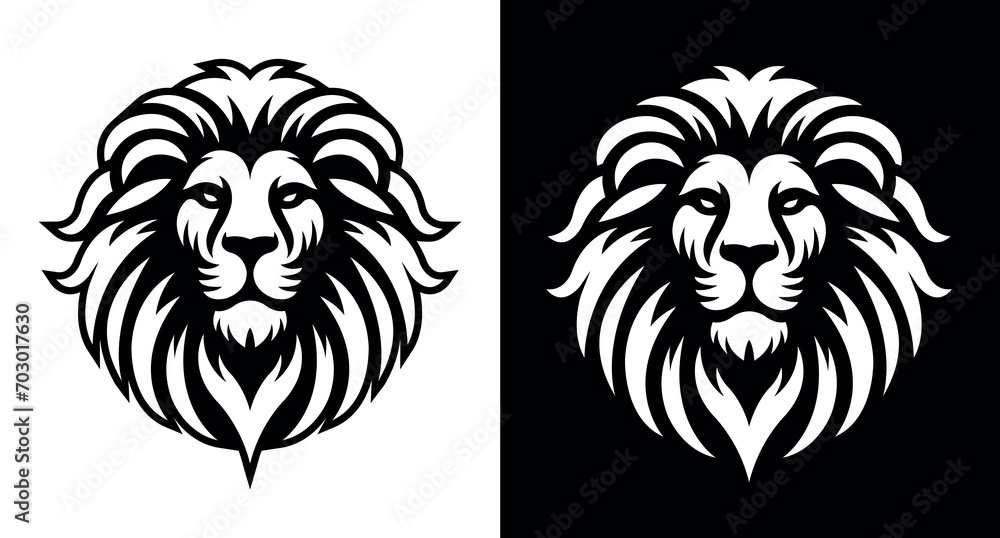 Obraz premium Lion head vector line art illustration isolated on dark and white background. Lion face and mane business logo design template.