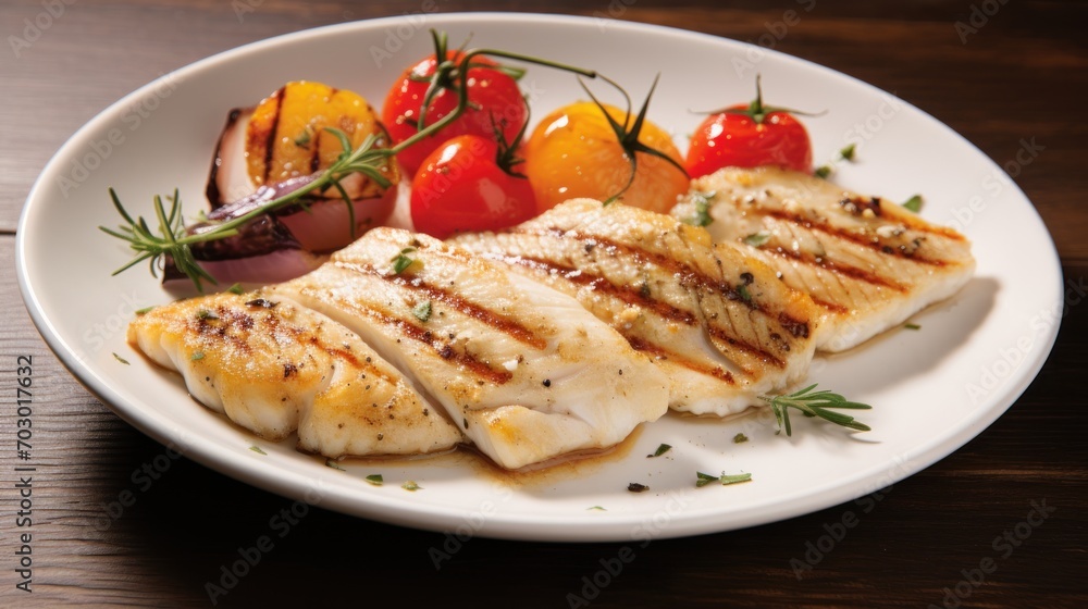  a white plate topped with grilled fish next to a pile of tomatoes and a slice of tomato on top of a wooden table.