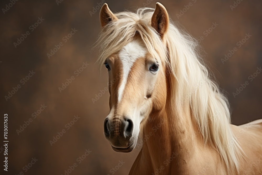 Obraz premium A noble white horse of the Haflinger breed stands in full growth against the backdrop of a summer field, an elegant animal with a proud look in its natural habitat. Concept: equestrian sport