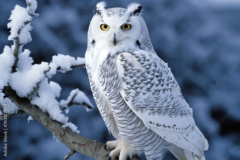 Close-up photo of a majestic snowy owl perched on a snow-covered tree branch in the winter Close-up photo of a majestic snowy owl perched on a snow-covered tree branch in the winter