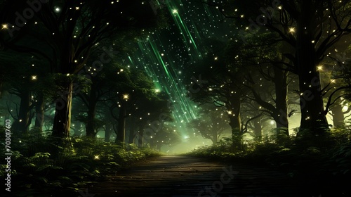 Enchanted forest clearing at midnight with fireflies and fairies celebrating under shimmering aura