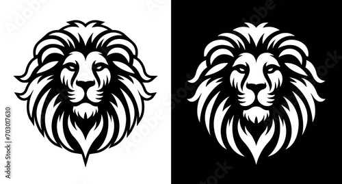 Lion head vector line art illustration isolated on dark and white background. Lion face and mane business logo design template.