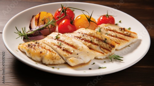  a white plate topped with grilled fish next to a pile of tomatoes and a slice of tomato on top of a wooden table.