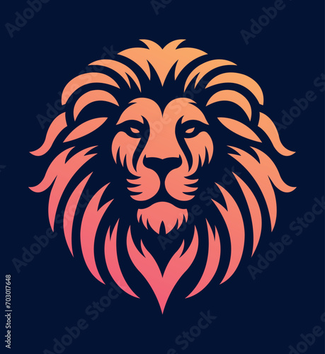 Lion head vector line art illustration isolated on dark and white background. Lion face and mane business logo design template.