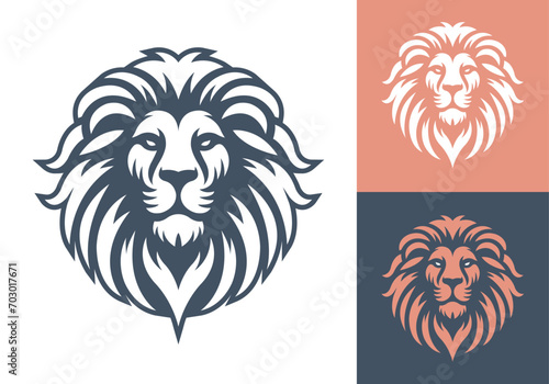 Lion head vector line art illustration isolated on dark and white background. Lion face and mane business logo design template.