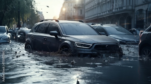 A destroyed and flooded car on the street, a natural disaster