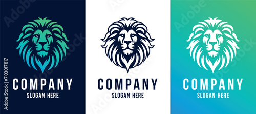 Lion head vector line art illustration isolated on dark and white background. Lion face and mane business logo design template.