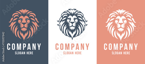 Lion head vector line art illustration isolated on dark and white background. Lion face and mane business logo design template.