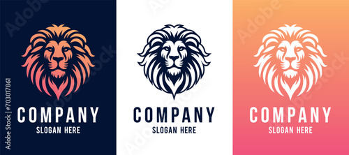 Lion face front view vector art image business company logo template, brand identity logotype on white and dark backgrounds.