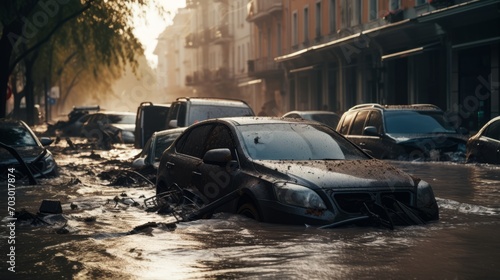 A destroyed and flooded car on the street, a natural disaster photo
