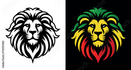 Lion of Judah face eps vector art image illustration. Rasta Jamaican lion head front view with rastafarian reggae colors on white and dark background.