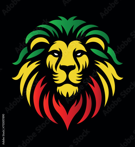 Jamaican reggae rasta lion head front view with rastafarian colors on dark background. Lion of Judah face eps vector art image illustration.