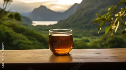 Glass of tea, on a wooden table, with views of the Thai countryside