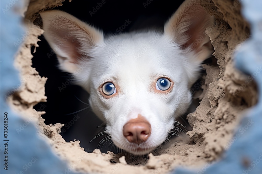 Curious Dog Playfully Peeking Out of Hole in Wall, Creating Space for Captivating Text
