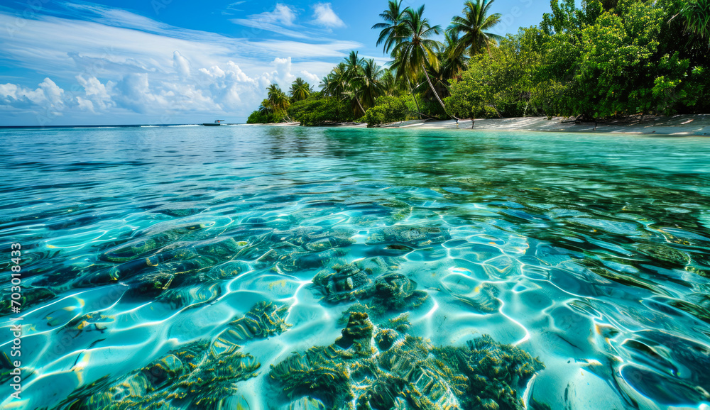 Beach of an Island in the Tropical Caribbean Tropical Island  Dreamlike Landscape Wallpaper Background Brainstorming Family Digital Art Magazine Poster