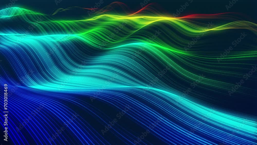 Rainbow colors strings. Stunning surface composed of neon glow particles that form waves of light. Captivating seamless looped animation. Design is perfect for various applications, events, shows. Rainbow colors strings. Stunning surface composed of neon glow particles that form waves of light. Captivating seamless looped animation. Design is perfect for various applications, events, shows.