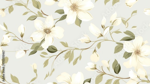  a floral wallpaper with white flowers and green leaves on a light gray background with green leaves and green leaves on a light gray background.
