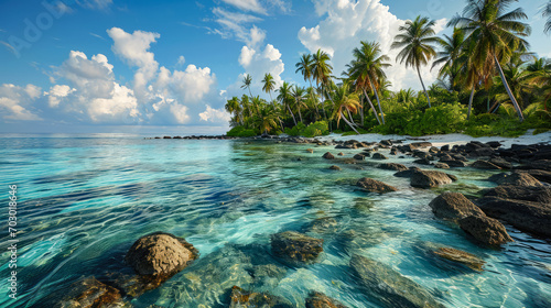 Beach of an Island in the Tropical Caribbean Tropical Island  Dreamlike Landscape Wallpaper Background Brainstorming Family Digital Art Magazine Poster