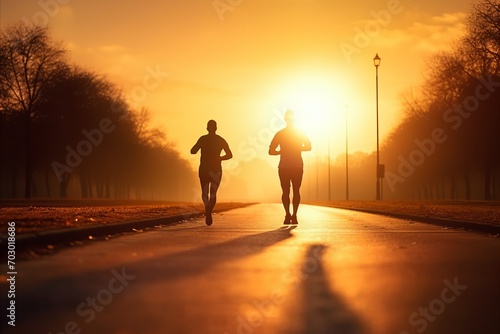 Athletic men jogging in park at summer sunset with space for text, fitness and exercise concept