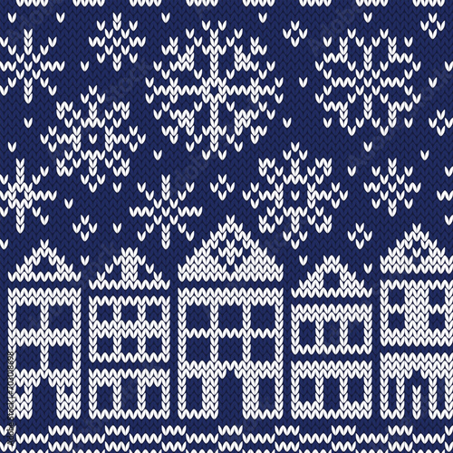 Snowy night fairy tale town jacquard knitted seamless pattern. Winter background. Vector illustration.